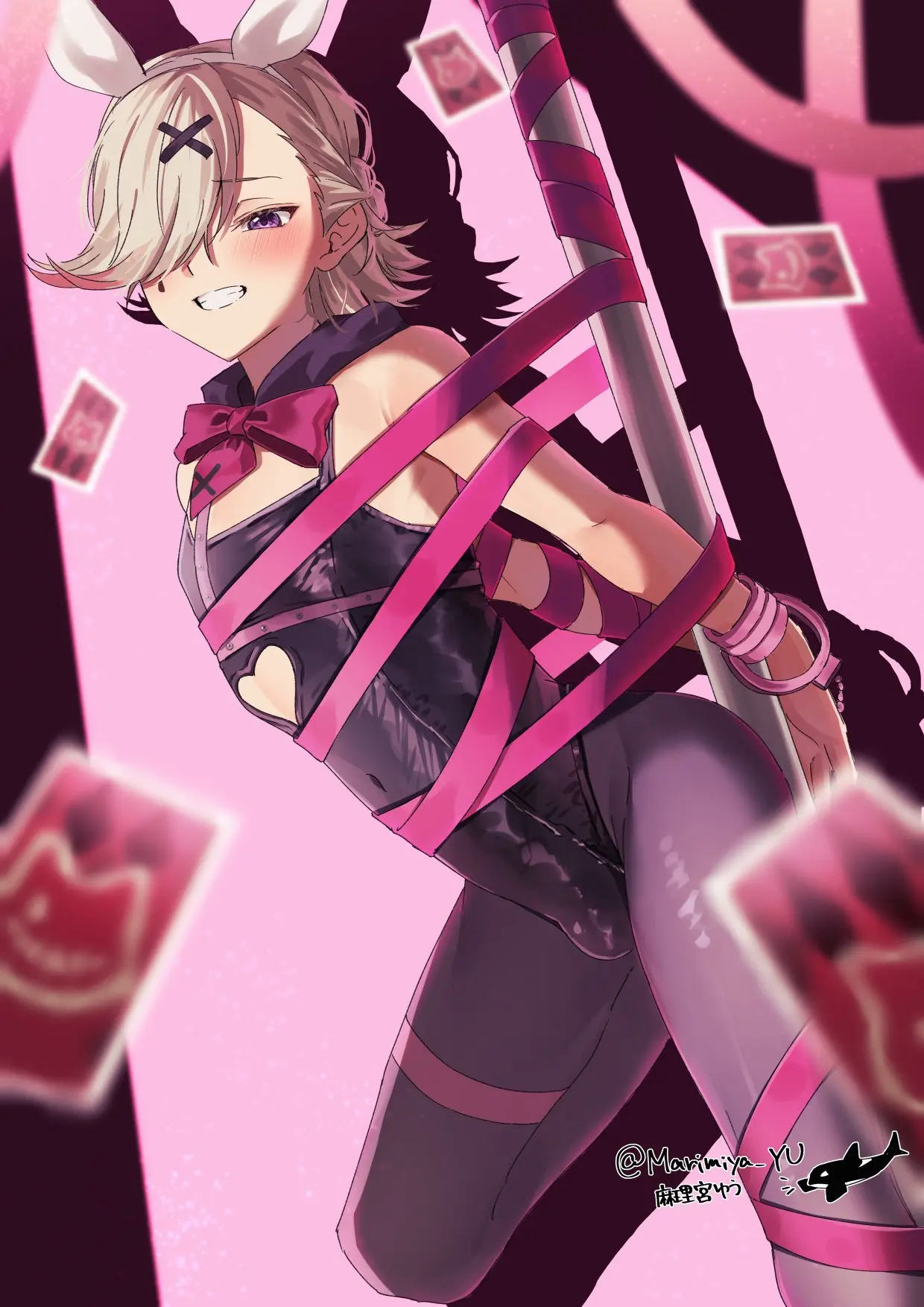 Image blush,looking_at_viewer,smile,solo,1boy,male,femboy,male_only,trap,genshin_impact,bulge,restrained,bunnysuit,tied_up,leotard,pantyhose,twink,naughty_face,pole,handcuffs,lyney_(genshin_impact),ribbon_bondage,rabbit_hole_(deco*27/caststation)