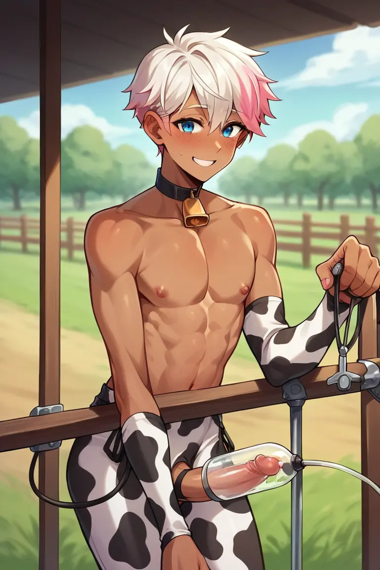 Image white_hair,blue_eyes,male,dark-skinned_male,dark_skin,ai_generated,femboy,male_only,gay,twink,farmer,milking,farm,milking_machine,dark-skinned_femboy,farmboy