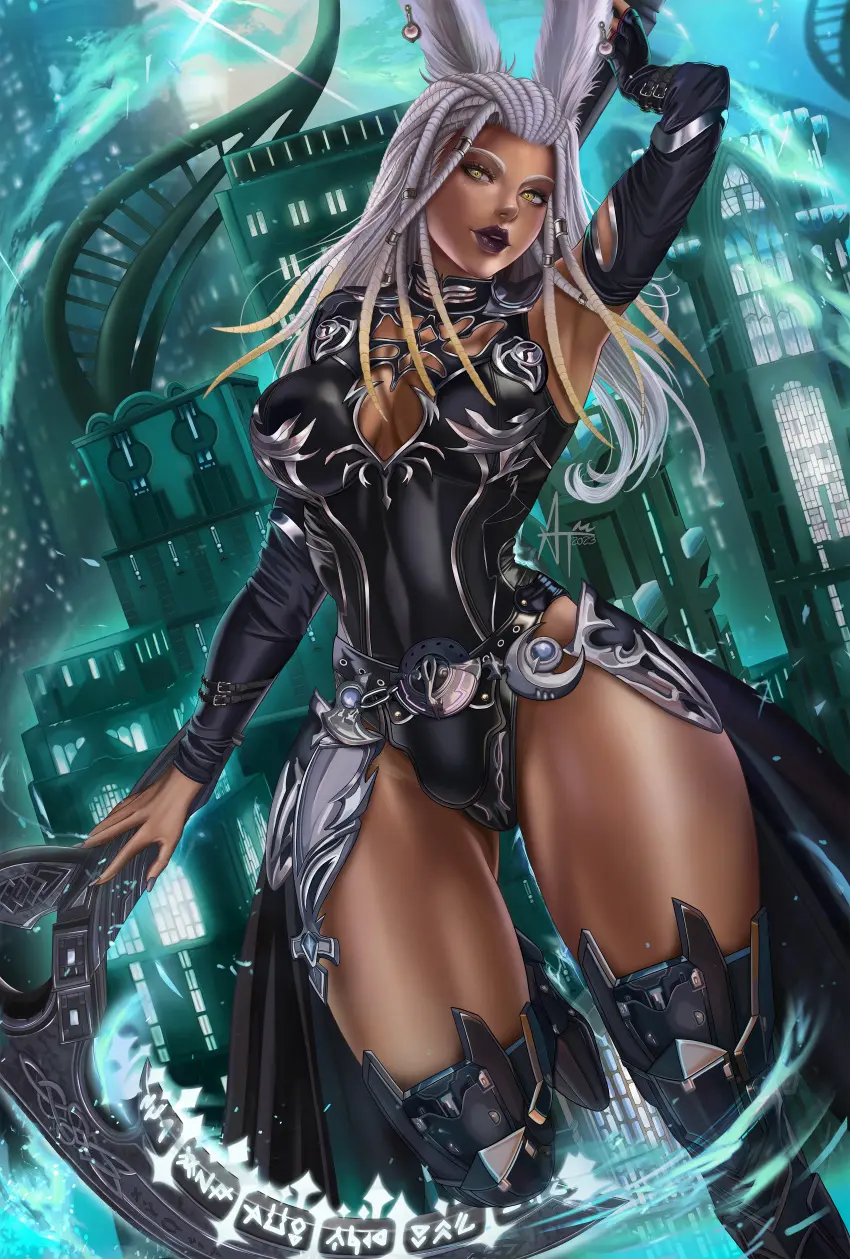 Image female,solo,yellow_eyes,dark_skin,cleavage,dress,pinup,bunny_ears,skirt,final_fantasy,final_fantasy_xiv,weapon,silver_hair,viera,black_lipstick,sfw,bare_legs,cityscape,warrior_of_light_(ff14),sypha_flowen,scythe,metal_boots,amaterasumikami