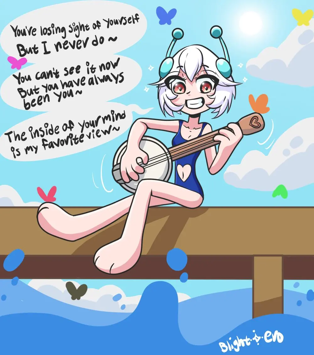 Image female,looking_at_viewer,smile,virtual_youtuber,belly_button,swimsuit,indie_virtual_youtuber,sunlight,robot_girl,android,heart_cutout,blightstar,dock,playing_music,one_piece_swimsuit,song_lyrics,butterflies,singer,banjo,ellie_minibot
