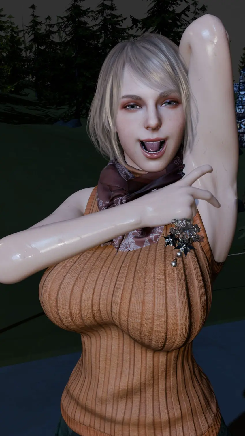 Image female,female_only,sweat,female_focus,wide_hips,armpits,arms_up,tagme,blonde_hair,busty,3d,hourglass_figure,sleeveless,armpit_fetish,capcom,resident_evil,sleeveless_turtleneck,ashley_graham,ashley_graham_(ella_freya),resident_evil_4,resident_evil_4_remake,sleeveless_sweater,butcherdark