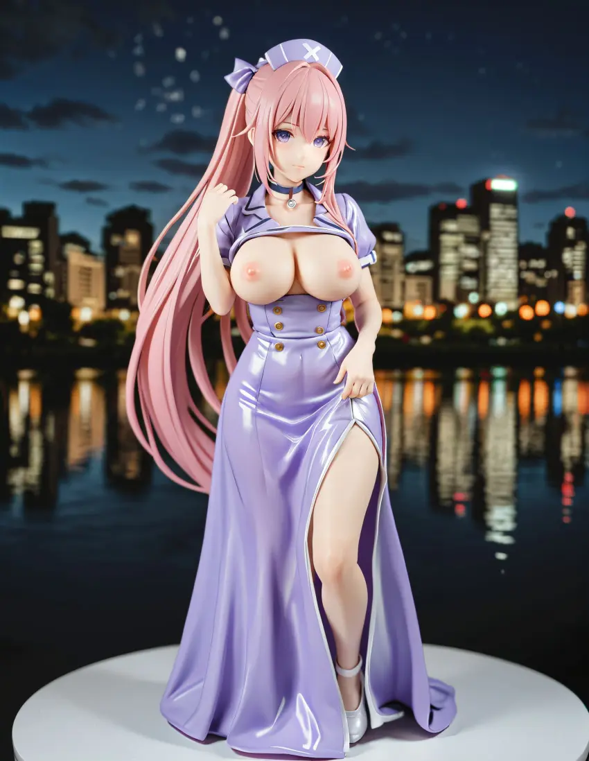 Image blush,breasts,exposed_breasts,female,hairbow,highres,large_breasts,nipples,very_long_hair,choker,ponytail,ai_generated,solo_focus,pink_hair,purple_eyes,high_heels,city,city_background,nurse_cap,nurse,nurse_uniform,figurine