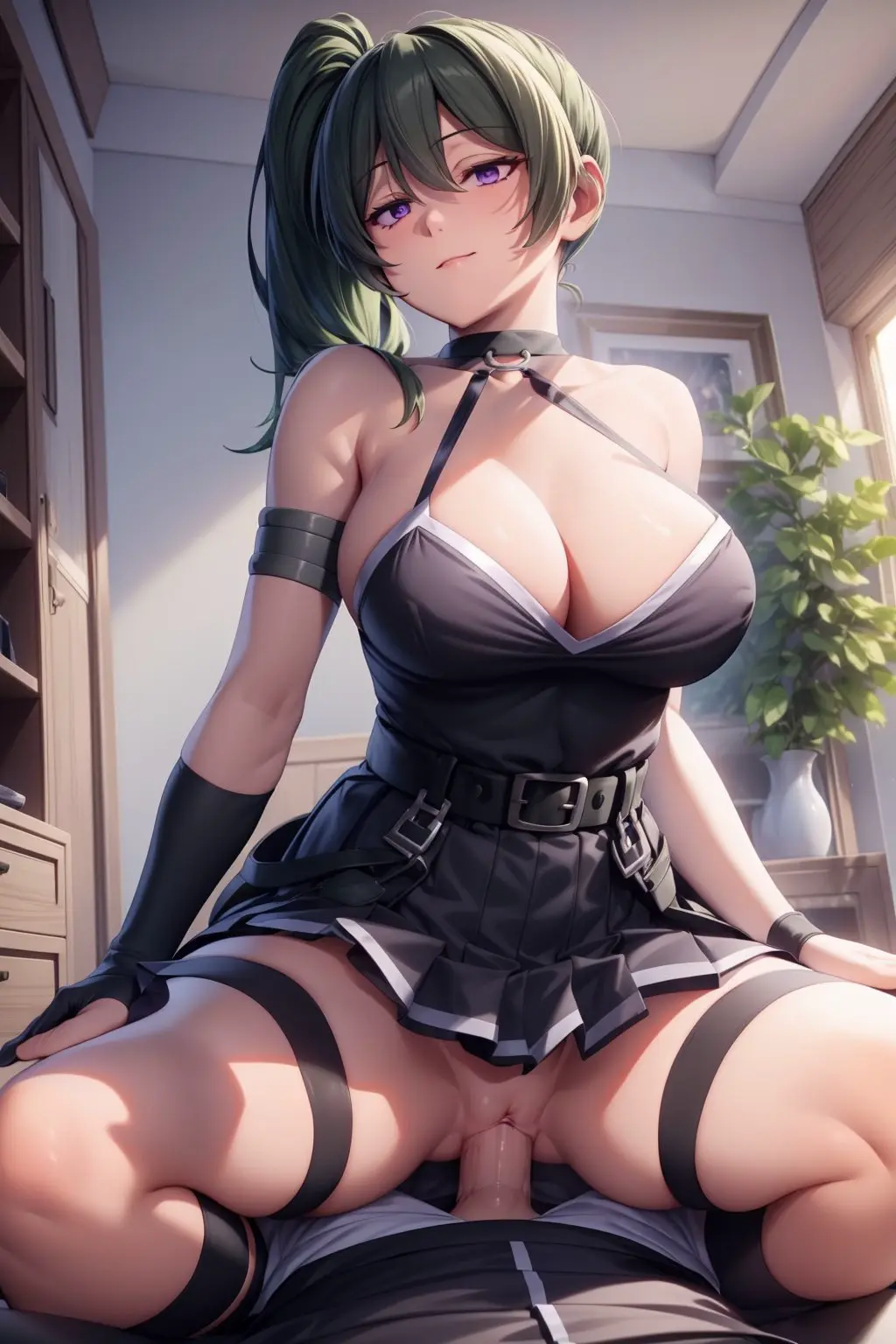 Image 1girls,breasts,female,penis,pussy,choker,uncensored,ai_generated,spread_legs,vaginal_penetration,purple_eyes,green_hair,sousou_no_frieren,ubel_(sousou_no_frieren)