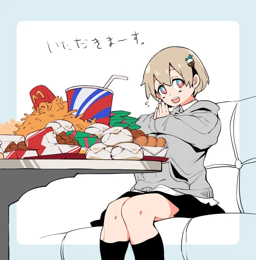 Image short_hair,text,skirt,dialogue,light_brown_hair,japanese_text,hoodie,breast_expansion,eating,food,mcdonald's,burger,sequence,gradient_eyes,kneesocks,growth_sequence,french_fries,cola,nugget