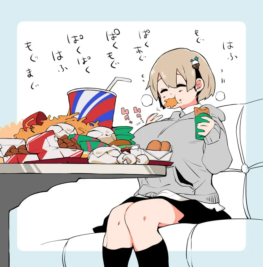 Image breasts,female,short_hair,text,gigantic_breasts,closed_eyes,skirt,dialogue,light_brown_hair,japanese_text,hoodie,breast_expansion,eating,food,mcdonald's,burger,sequence,kneesocks,growth_sequence,food_in_mouth,french_fries,cola,nugget