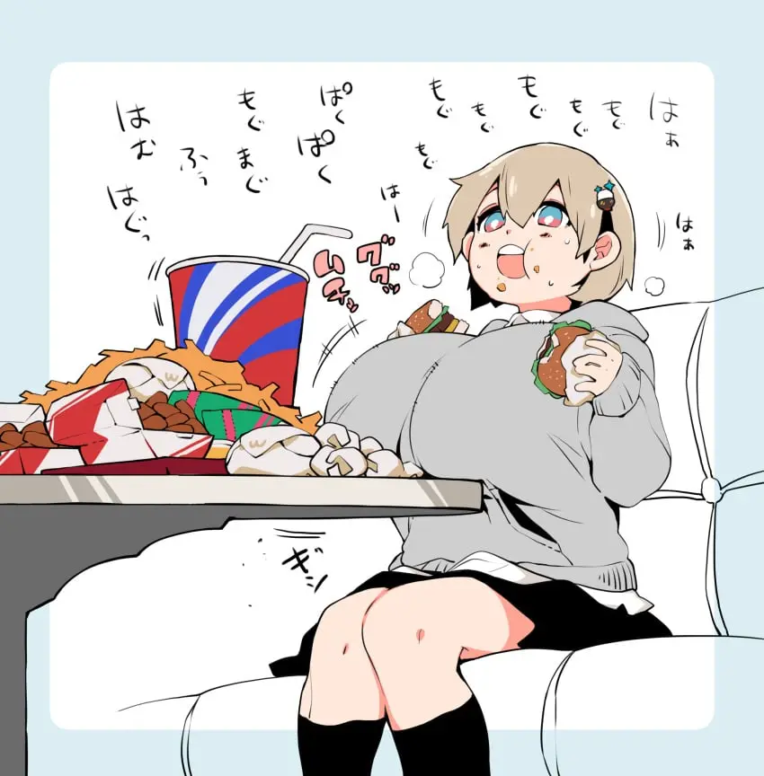 Image breasts,female,short_hair,text,gigantic_breasts,hyper_breasts,skirt,light_brown_hair,japanese_text,hoodie,breast_expansion,eating,food,mcdonald's,burger,sequence,kneesocks,eating_food,growth_sequence,chewing,french_fries,fries,cola,nugget,munching