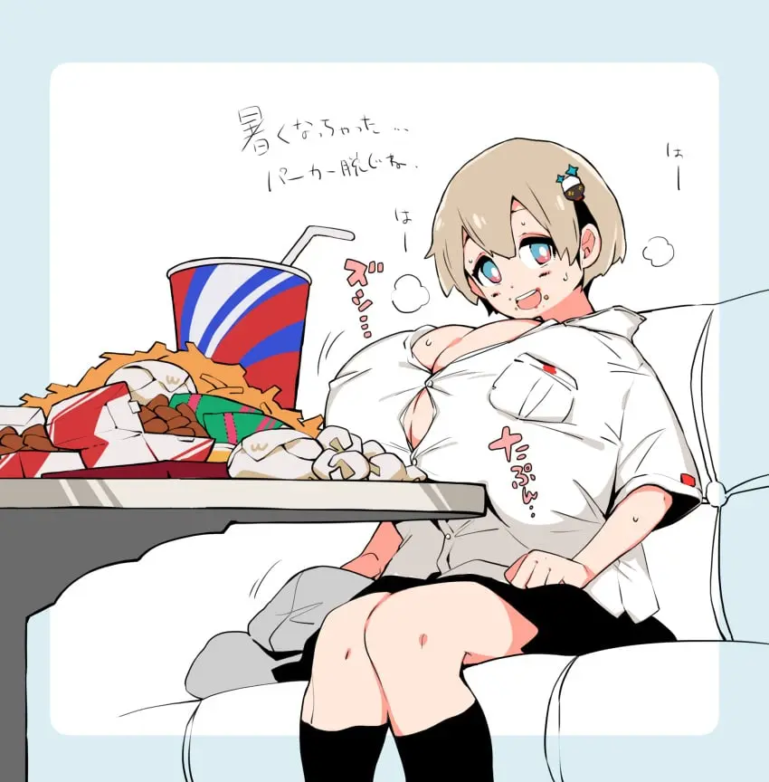 Image breasts,female,short_hair,text,gigantic_breasts,hyper_breasts,skirt,dialogue,light_brown_hair,sweaty,japanese_text,hoodie,blouse,breast_expansion,eating,food,mcdonald's,burger,bursting_breasts,sequence,button_gap,breathing,heat,kneesocks,growth_sequence,french_fries,fries,cola,nugget,hoodie_removed