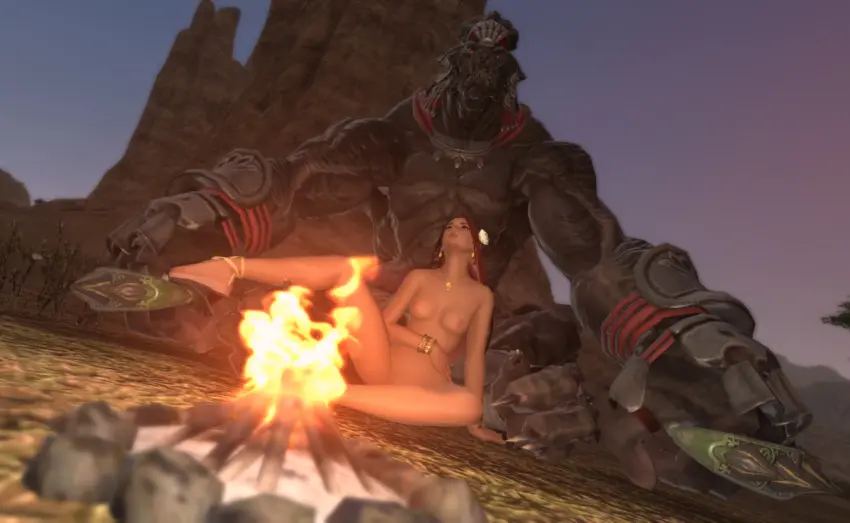 Image 1girls,breasts,brown_eyes,female,hair_ornament,1boy,male,red_hair,earrings,tan_skin,size_difference,spread_legs,original_character,looking_at_partner,necklace,3d,self_upload,outdoors,final_fantasy,interspecies,final_fantasy_xiv,leg_up,covered_pussy,sandals,functionally_nude,hand_on_belly,human_female,no_penetration,bracelets,campfire,gpose(ffxiv),hyur,amalj'aa,midlander