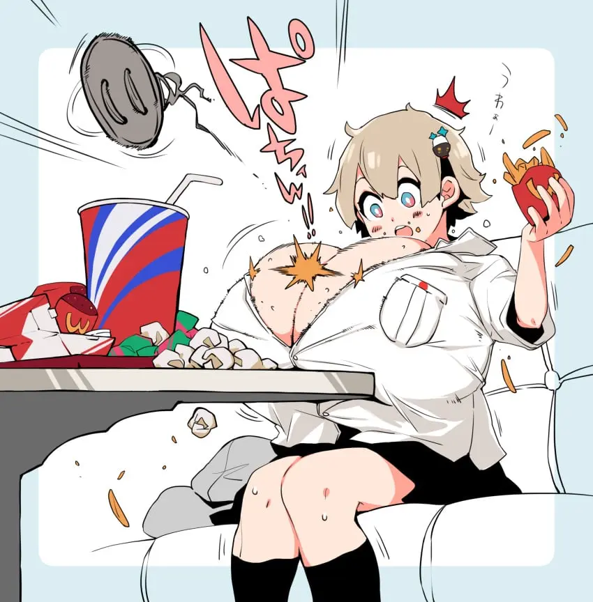 Image breasts,female,short_hair,text,gigantic_breasts,hyper_breasts,looking_down,shocked,skirt,dialogue,light_brown_hair,japanese_text,hoodie,breast_expansion,eating,food,bursting_breasts,sequence,kneesocks,growth_sequence,popped_button,fries,cola,hoodie_removed