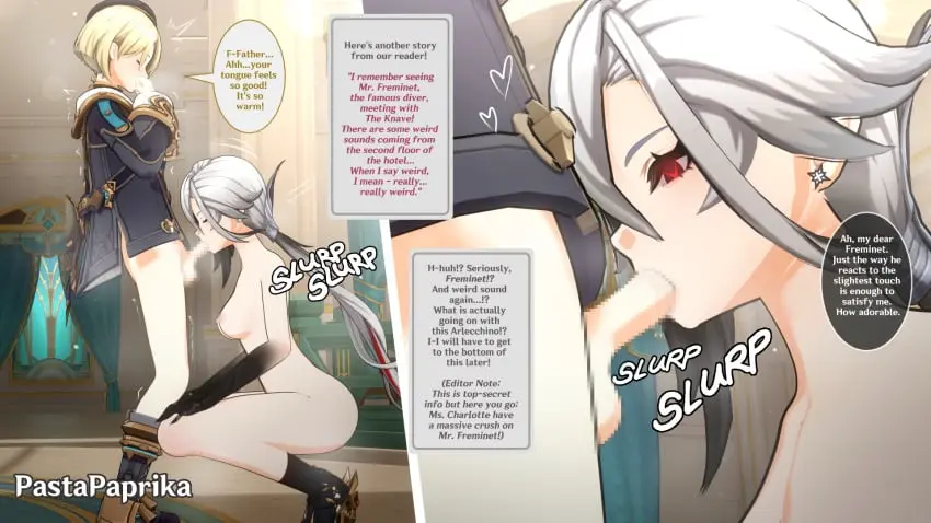 Image 1girls,female,1boy,male,oral,penis,erection,fellatio,milf,censored,mature_female,genshin_impact,3d,english_text,mature,text_bubble,freminet_(genshin_impact),arlecchino_(genshin_impact),step-incest,stepmother,inseki,stepmother_and_stepson,stepson,pastapaprika