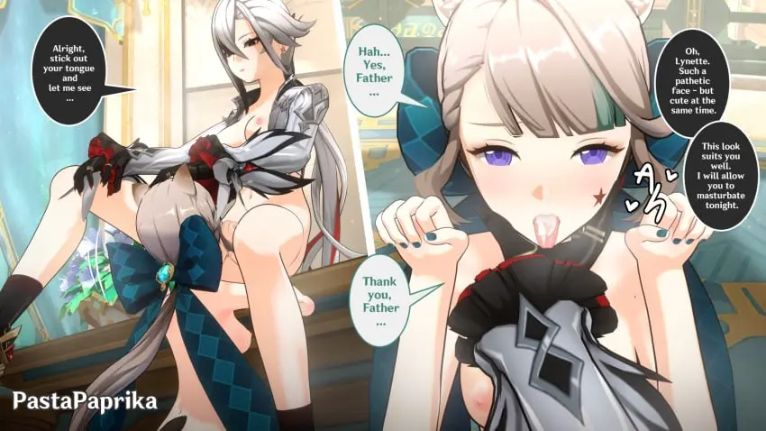 Image breasts,female,nipples,2girls,cum,cum_in_mouth,cum_on_tongue,pussy,tongue_out,milf,cum_in_pussy,cum_inside,text,spread_legs,censored,mature_female,genshin_impact,3d,yuri,cunnilingus,english_text,mature,text_bubble,arlecchino_(genshin_impact),licking_pussy,lynette_(genshin_impact),pastapaprika