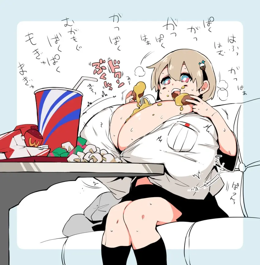 Image breasts,female,short_hair,text,gigantic_breasts,hyper_breasts,skirt,light_brown_hair,japanese_text,hoodie,object_between_breasts,blouse,breast_expansion,container,eating,food,bursting_breasts,sequence,kneesocks,spilled_liquid,growth_sequence,chewing,munching,hoodie_removed,sauce,spill