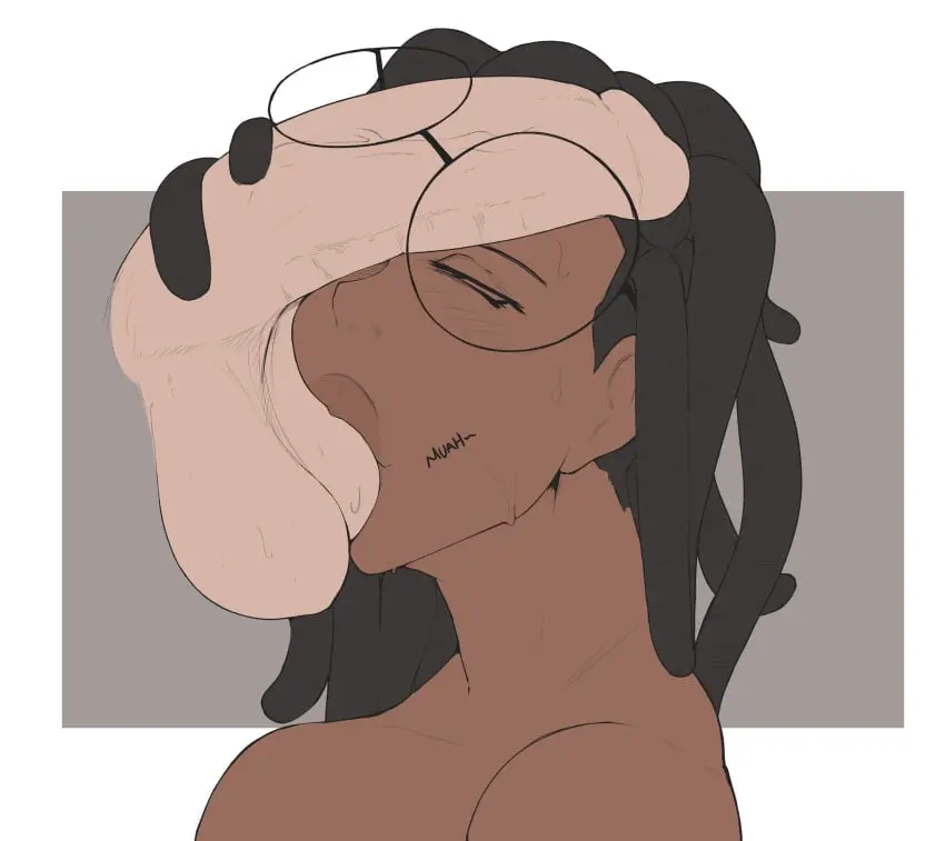 Image 1girls,female,human,1boy,black_hair,male,penis,straight,sweat,faceless_male,fellatio,athletic,interracial,glasses,huge_cock,light-skinned_male,dark-skinned_female,ball_worship,athletic_female,penis_on_face,smoxul,gemma_(smo),penis_under_glasses