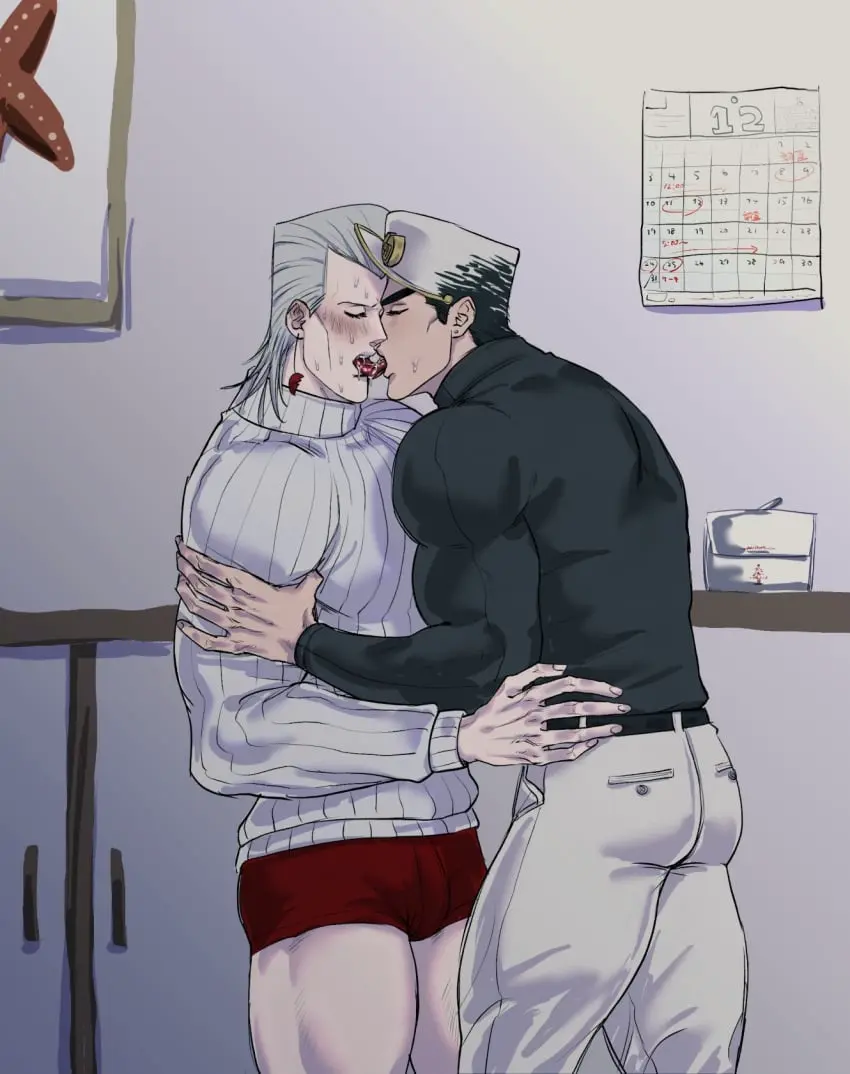 Image male,tongue,2boys,male/male,male_only,yaoi,gay,kissing,jojo's_bizarre_adventure,dilf,tongue_kiss,jean_pierre_polnareff,diamond_is_unbreakable,jotaro_kujo