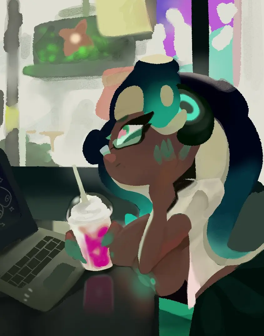 Image breasts,female,large_breasts,glasses,tagme,nintendo,marina_(splatoon),splatoon,third-party_edit,laptop,vespbee,official_artwork_edit
