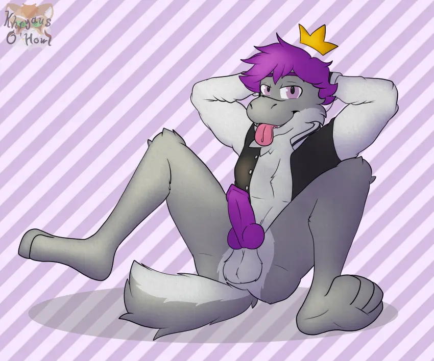 Image clothed,clothing,hi_res,looking_at_viewer,simple_background,smile,solo,male,penis,tail,tongue_out,tongue,erection,male_only,digital_media_(artwork),balls,hair,anthro,absurd_res,nintendo,smug,fur,genitals,paws,topwear,blep,khryaus_o'howl_(artist),king_(crmlcd)