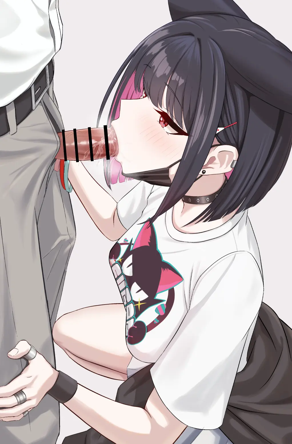 Image 1girls,blush,breasts,female,hair_ornament,highres,pants,shirt,simple_background,standing,1boy,animal_ears,black_hair,male,oral,penis,short_hair,straight,blue_archive,earrings,fellatio,multicolored_hair,cat_ears,clothes_around_waist,jewelry,solo_focus,pink_hair,medium_breasts,pink_eyes,hairclip,heavy_breathing,half-closed_eyes,censored,saliva,collar,miniskirt,skirt,looking_at_another,short_sleeves,white_shirt,bar_censor,colored_inner_hair,two-tone_hair,commentary_request,from_side,jacket,official_alternate_costume,squatting,bracelet,belt,black_belt,grey_background,ring,clothes_writing,clothed_sex,open_fly,animal_print,trinity_general_school_student,hands_up,mask,white_skirt,mouth_mask,hands_on_another's_thighs,black_jacket,bangle,belt_buckle,buckle,studded_collar,foot_out_of_frame,black_collar,after-school_sweets_club_(blue_archive),kazusa_(blue_archive),kazusa_(band)_(blue_archive),black_mask,mask_pull,stud_earrings,earclip,hair_behind_ear,blunt_ends,jacket_around_waist,surgical_mask,grey_pants,cat_print,print_shirt,bluetaku