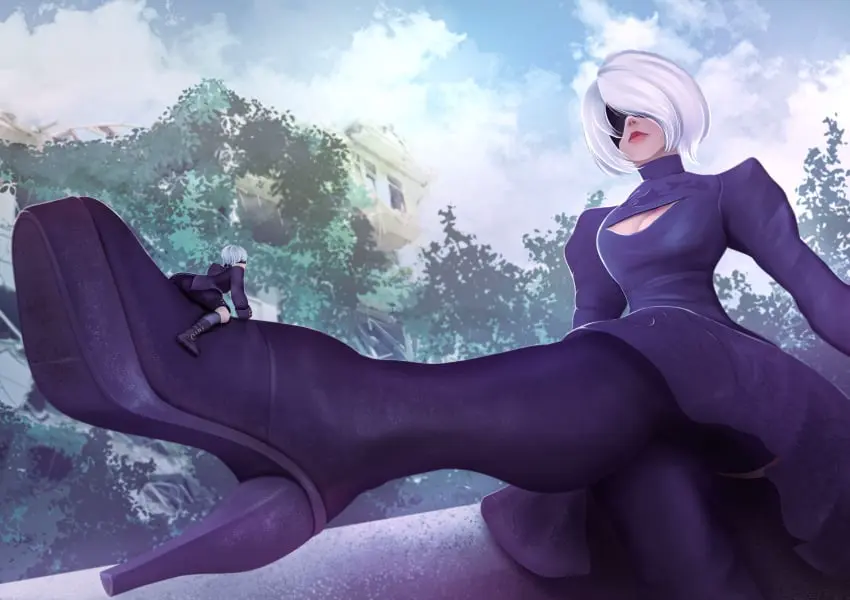 Image 1girls,breasts,clothed,clothing,female,light-skinned_female,light_skin,white_hair,1boy,male,short_hair,thighhighs,size_difference,light-skinned_male,high_heels,giantess,blindfold,macro,micro,nier:_automata,yorha_2b,nier,yorha_9s,ondieony