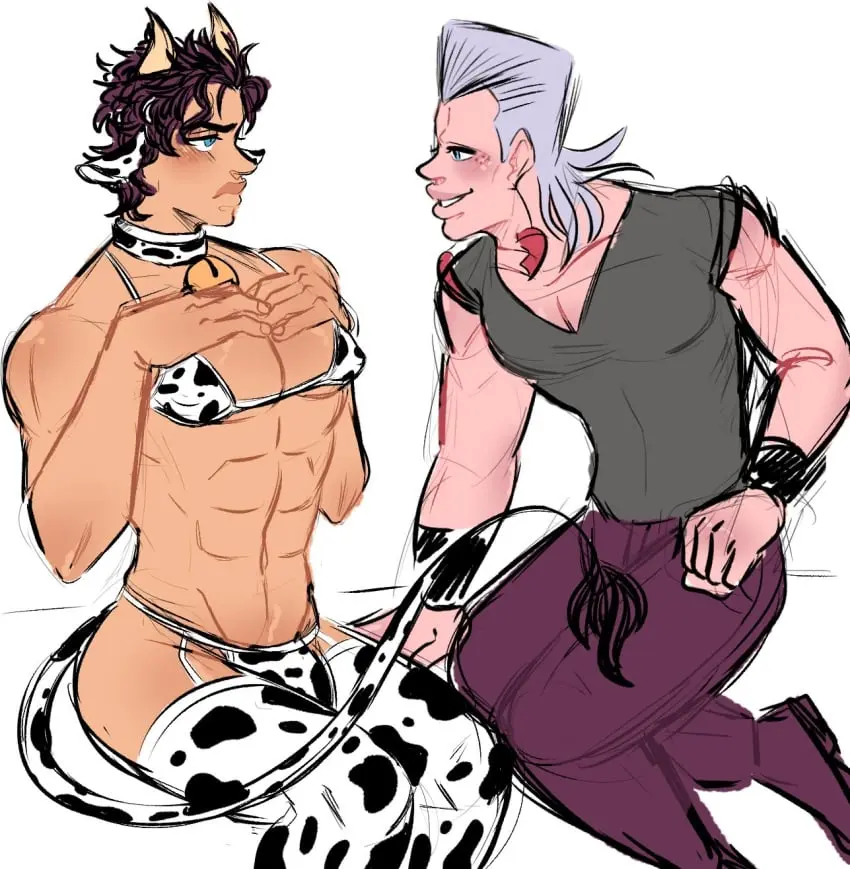 Image male,muscular,muscular_male,2boys,male_only,yaoi,gay,jojo's_bizarre_adventure,cow_bell,jean_pierre_polnareff,stardust_crusaders,cow_boy,jotaro_kujo