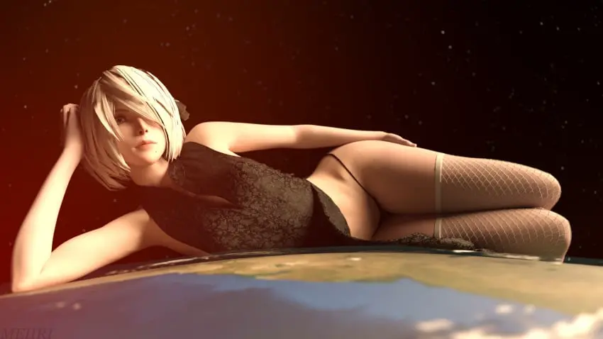 Image 1girls,breasts,clothing,female,female_only,light-skinned_female,light_skin,looking_at_viewer,solo,white_hair,short_hair,3d,planet,space,giantess,macro,nier:_automata,yorha_2b,nier,earth,jgrfgts,meiirii,giga_giantess