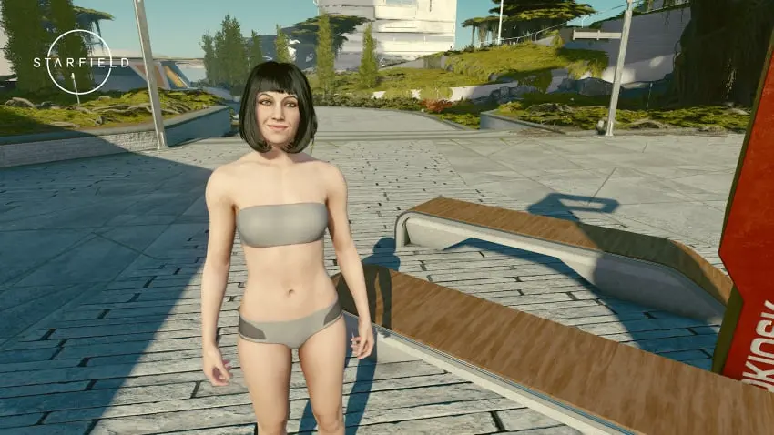 Image female,looking_at_viewer,smile,solo,standing,black_hair,navel,underwear,bare_shoulders,tagme,3d,outdoors,muria_siarkiewicz,starfield