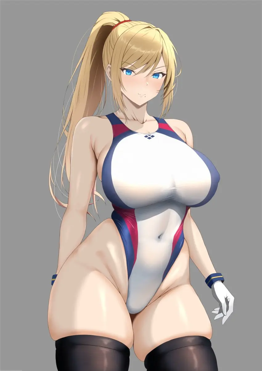 Image 1girls,breasts,female,female_only,large_breasts,solo,white_background,blue_eyes,thighhighs,thighs,wide_hips,underboob,blonde_hair,one-piece_swimsuit,swimsuit,cameltoe,skindentation,high_resolution,metroid,samus_aran,very_high_resolution,ranhatu
