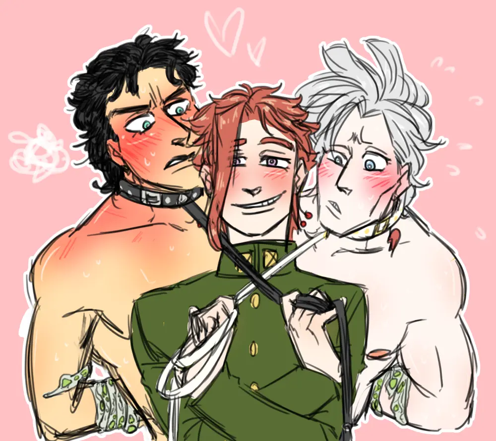 Image blush,male,male_only,yaoi,gay,dominant_male,submissive_male,3boys,jojo's_bizarre_adventure,mmm_threesome,jean_pierre_polnareff,stardust_crusaders,male/male/male,jotaro_kujo,noriaki_kakyoin