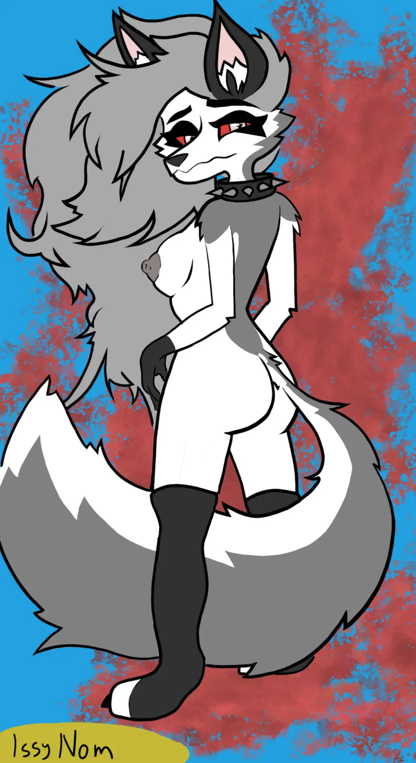 Image 1girls,female,red_eyes,furry,looking_back,wolf_ears,helluva_boss,loona_(helluva_boss),vivziepop,issynom