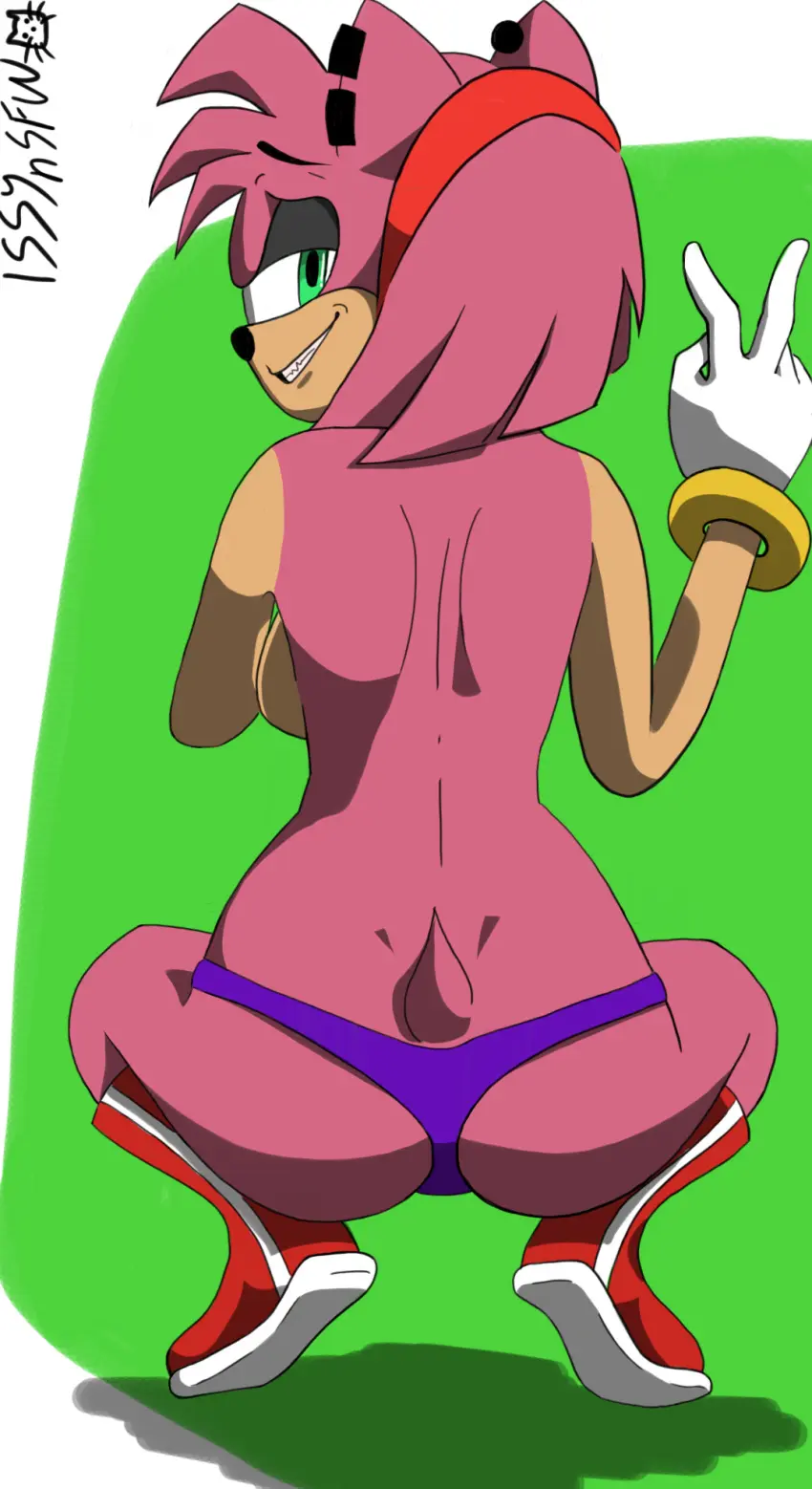 Image female,furry,looking_back,smiling,smiling_at_viewer,pink_hair,green_eyes,amy_rose,sonic_(series),sonic_the_hedgehog_(series),back_view,pink_body,issynom