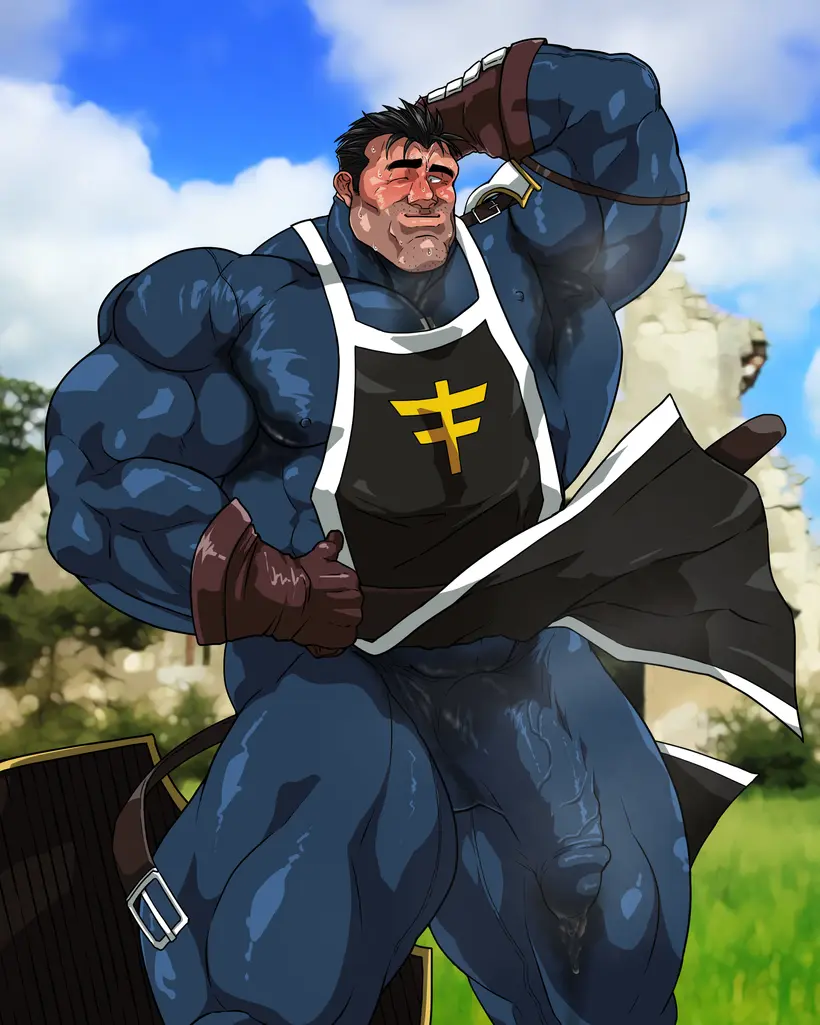 Image solo,male,penis,sweat,erection,muscular,male_only,yaoi,balls,one_eye_closed,bara,erection_under_clothes,precum,sweating,precum_through_clothing,solo_male,boner,muscles,costume,musk,hand_behind_head,sweat_stain,loincloth,hitenmaru,loincloth_up