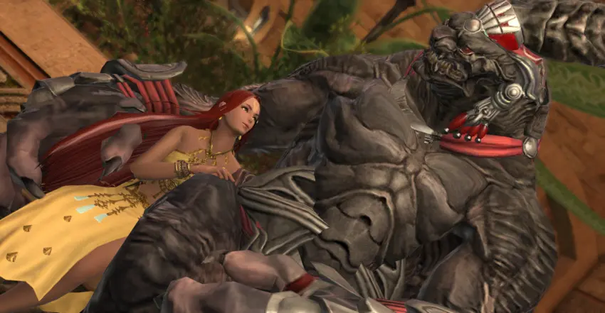 Image brown_eyes,female,long_hair,red_hair,earrings,smiling,tan_skin,jewelry,size_difference,dress,original_character,looking_at_partner,3d,self_upload,romantic,final_fantasy,interspecies,final_fantasy_xiv,hand_on_leg,hand_on_thigh,sfw,human_female,rings,bracelets,yellow_dress,looking_at_each_other,gpose(ffxiv),face_paint,arm_around_partner,hyur,amalj'aa,midlander