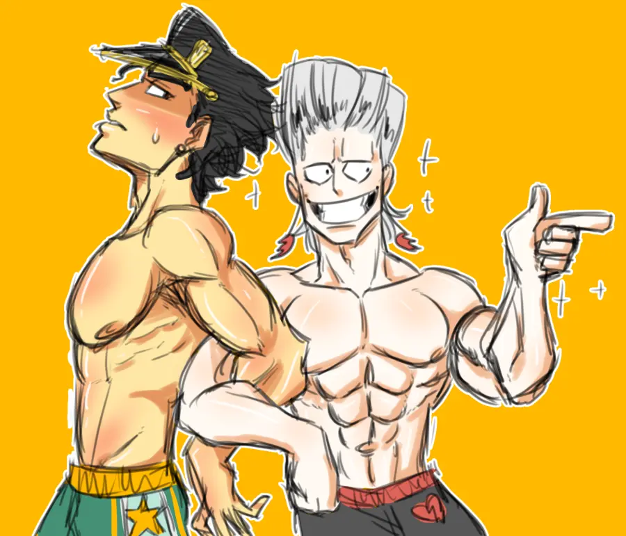 Image male,muscular,muscular_male,2boys,male/male,male_only,pecs,jojo's_bizarre_adventure,shirtless,jean_pierre_polnareff,stardust_crusaders,shirtless_male,jotaro_kujo