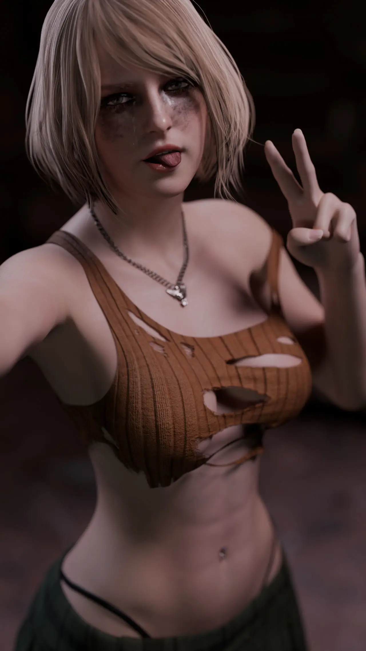 Image 1girls,big_breasts,breasts,female,female_only,looking_at_viewer,solo,standing,navel,short_hair,tongue_out,tongue,female_focus,athletic,wide_hips,eyebrows,eyelashes,jewelry,midriff,blonde_hair,green_eyes,lips,slim,half-closed_eyes,busty,curvy_female,necklace,pose,medium_hair,3d,skirt,fit,fit_female,hourglass_figure,slim_waist,3d_(artwork),selfie,makeup,mascara,3d_model,torn_clothes,navel_piercing,athletic_female,green_skirt,tank_top,toned,piercings,peace_sign,ripped_clothing,sticking_out_tongue,resident_evil,toned_stomach,ruined_makeup,ashley_graham,ashley_graham_(ella_freya),resident_evil_4,resident_evil_4_remake,selfie_pose,posing_for_picture,outstretched_arm,ripped_clothes,hikamurachi