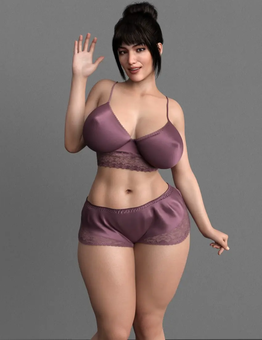 Image black_hair,white_skin,ponytail,milf,lingerie,original_character,posing,3d,3d_(artwork),white_body,3d_model,posing_for_the_viewer,babydoll,original_artwork,onlythicks,satin