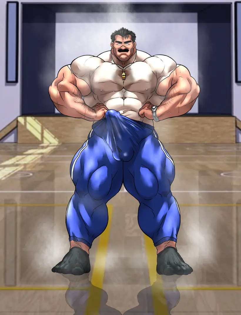 Image clothing,solo,male,penis,sweat,erection,muscular,male_only,yaoi,balls,bara,erection_under_clothes,sweating,solo_male,fully_clothed,boner,muscles,musk,sweat_stain,hitenmaru