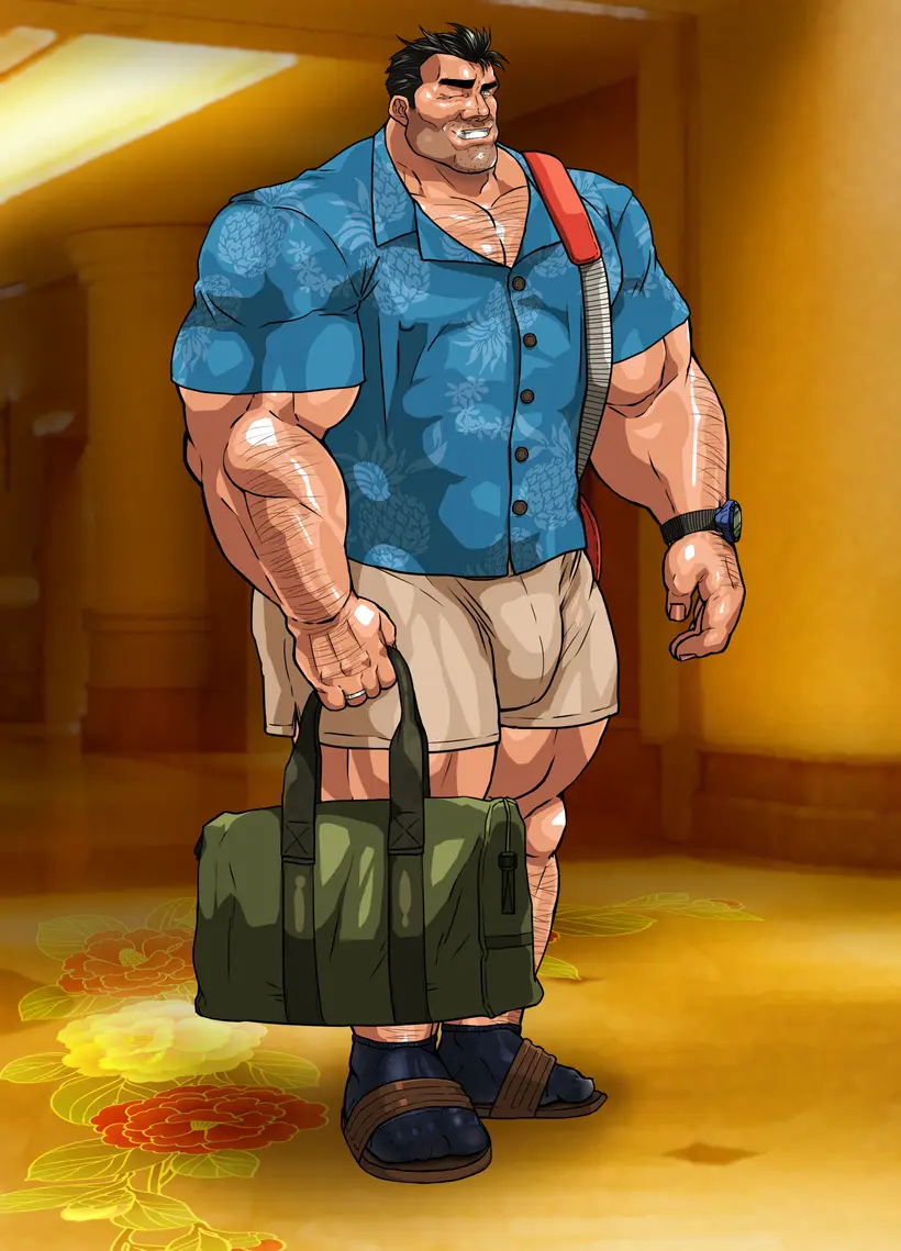 Image shirt,solo,male,penis,muscular,male_only,yaoi,balls,bara,bulge,flaccid,shorts,solo_male,fully_clothed,muscles,hitenmaru