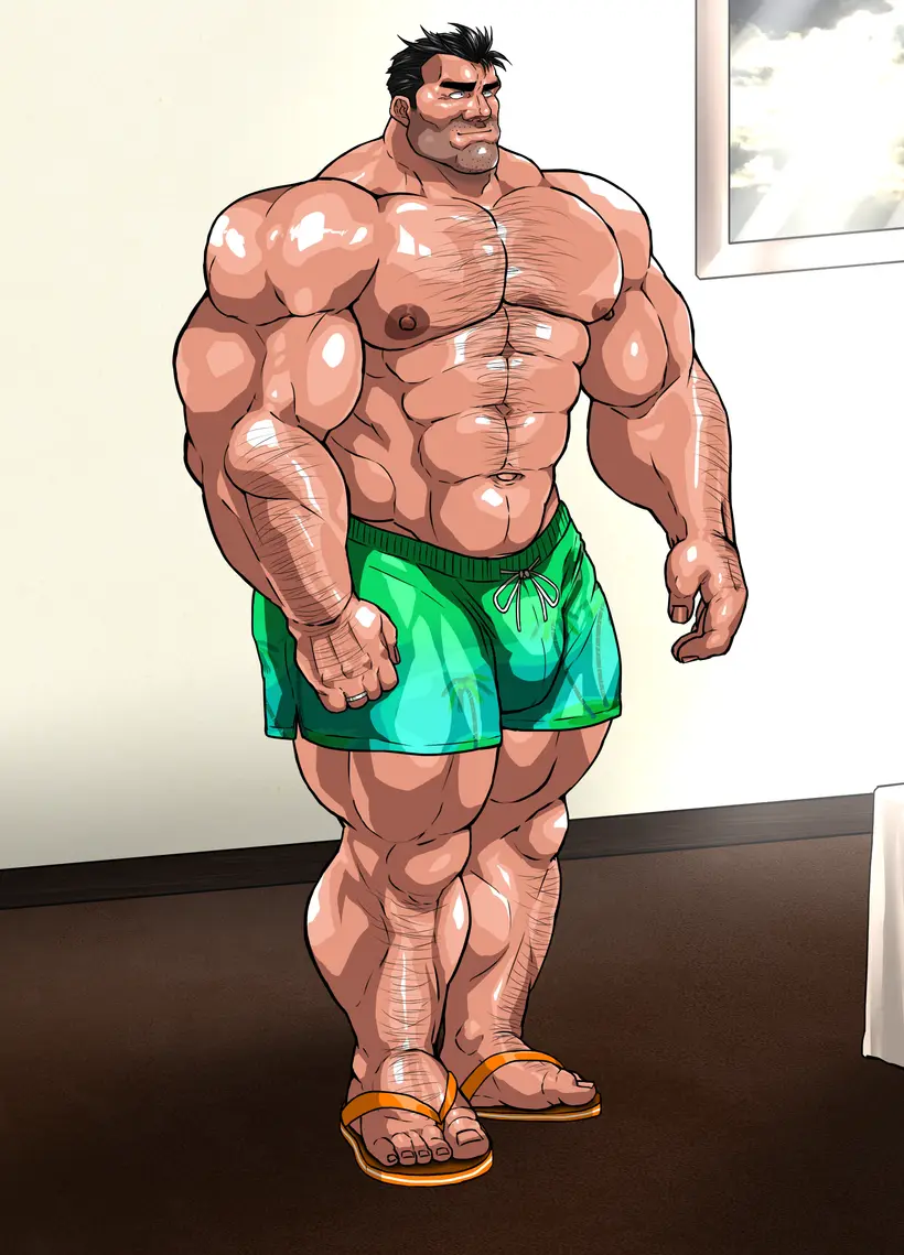 Image solo,male,penis,muscular,male_only,yaoi,balls,bara,bulge,flaccid,shorts,solo_male,muscles,shirtless,hitenmaru