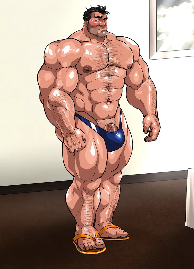 Image blush,solo,male,penis,muscular,male_only,yaoi,balls,bara,bulge,flaccid,solo_male,muscles,hitenmaru