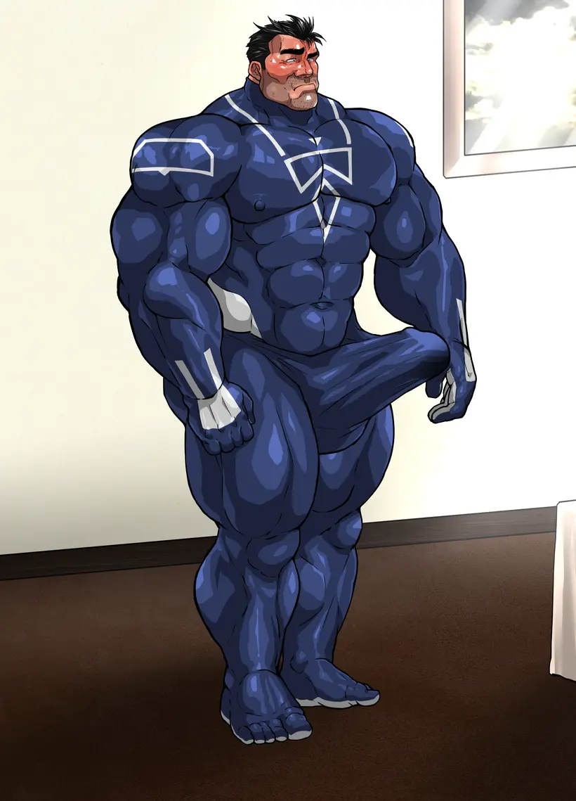 Image blush,solo,male,penis,erection,muscular,male_only,yaoi,balls,bara,erection_under_clothes,solo_male,boner,muscles,costume,hitenmaru