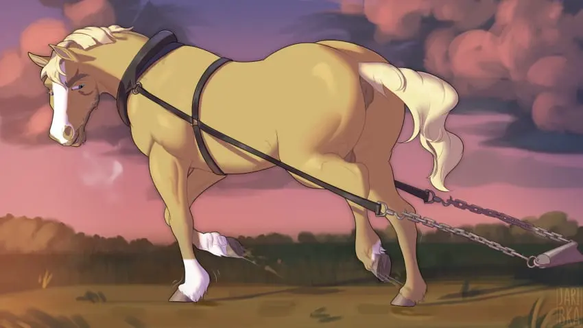 Image solo,male,looking_back,sky,male_only,balls,hair,tan_body,anus,blonde_hair,genitals,mammal,frown,outside,feral,chains,equid,equine,feral_only,horse,puffy_anus,mane,harness,animal,equine_anus,landscape,jaribka