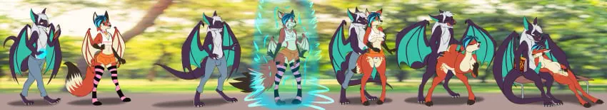 Image clothing,female,hi_res,pants,male,duo,anthro,mythology,impregnation,absurd_res,canid,canine,mammal,shorts,legwear,thigh_highs,scalie,book,deer,fox,hybrid,mythological_creature,transformation,dragon,mythological_scalie,torn_clothing,bottomwear,gender_transformation,mtf_transformation,bat,cuddling,transformation_sequence,long_image,wide_image,spellbook,fertility_rune,nairn,raibiash,tomek1000