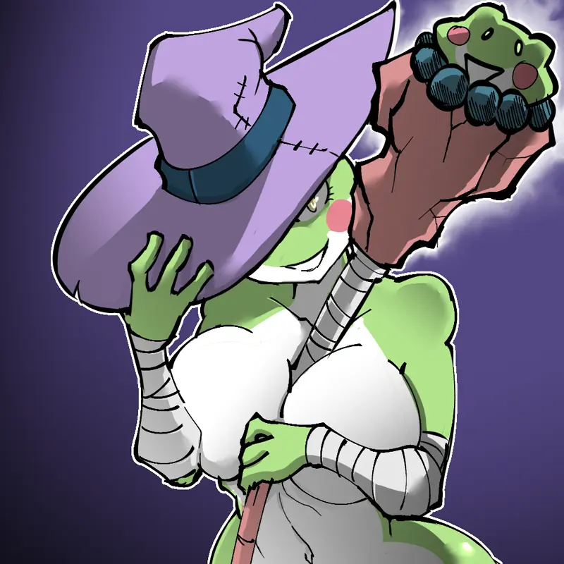 Image 1girls,big_breasts,breasts,female,large_breasts,looking_at_viewer,smile,solo,navel,nude,yellow_eyes,hat,humanoid,athletic,eyebrows,anthro,tagme,green_skin,hourglass_figure,white_body,green_body,athletic_female,witch_hat,bandage,bandaged_arm,between_breasts,purple_background,one_eye_obstructed,staff,witch,gold_eyes,amphibian,frog,blush_stickers,grefina_(noirchaton4),frog_girl,hayakain