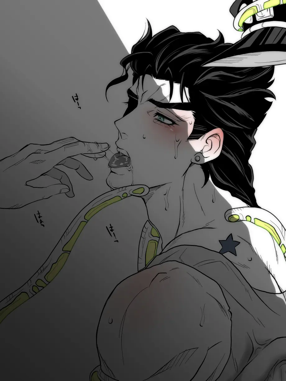 Image 1boy,male,male_only,saliva,jojo's_bizarre_adventure,stand_(jjba),stardust_crusaders,saliva_on_finger,joestar_birthmark,jotaro_kujo,hierophant_green