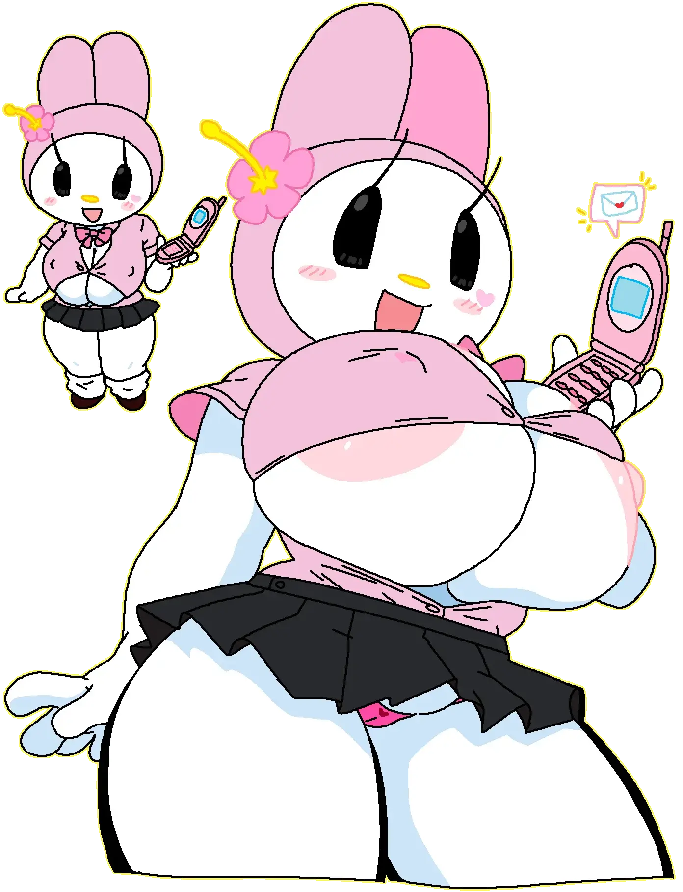 Image big_breasts,breasts,female,female_only,smiling,anthro,tagme,cellphone,my_melody,onegai_my_melody,sanrio,transparent_background,cassettedream,dream-cassette,hoshime,yellow_outline
