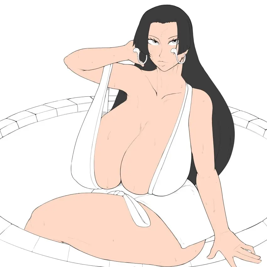 Image 1girls,breasts,clothing,female,female_only,solo,black_hair,earrings,thick_thighs,one_piece,huge_breasts,sitting,mature_female,2022,hand_behind_head,boa_hancock,smoxul