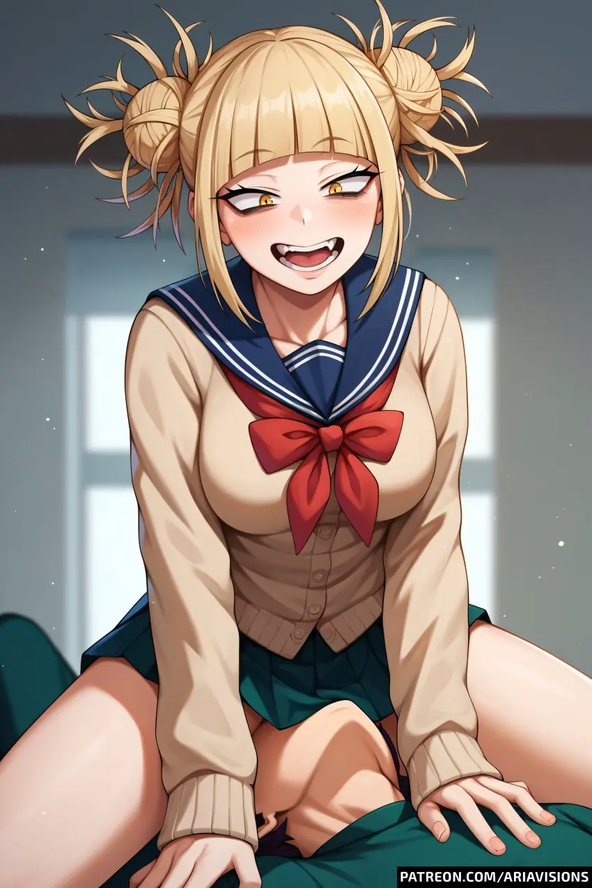 Image 1girls, breasts, female, 1boy, male, yellow_eyes, ai_generated, blonde_hair, my_hero_academia, school_uniform, double_bun, unseen_male_face, skirt, cunnilingus, sitting_on_person, facesitting, himiko_toga, ariavisions, laugh