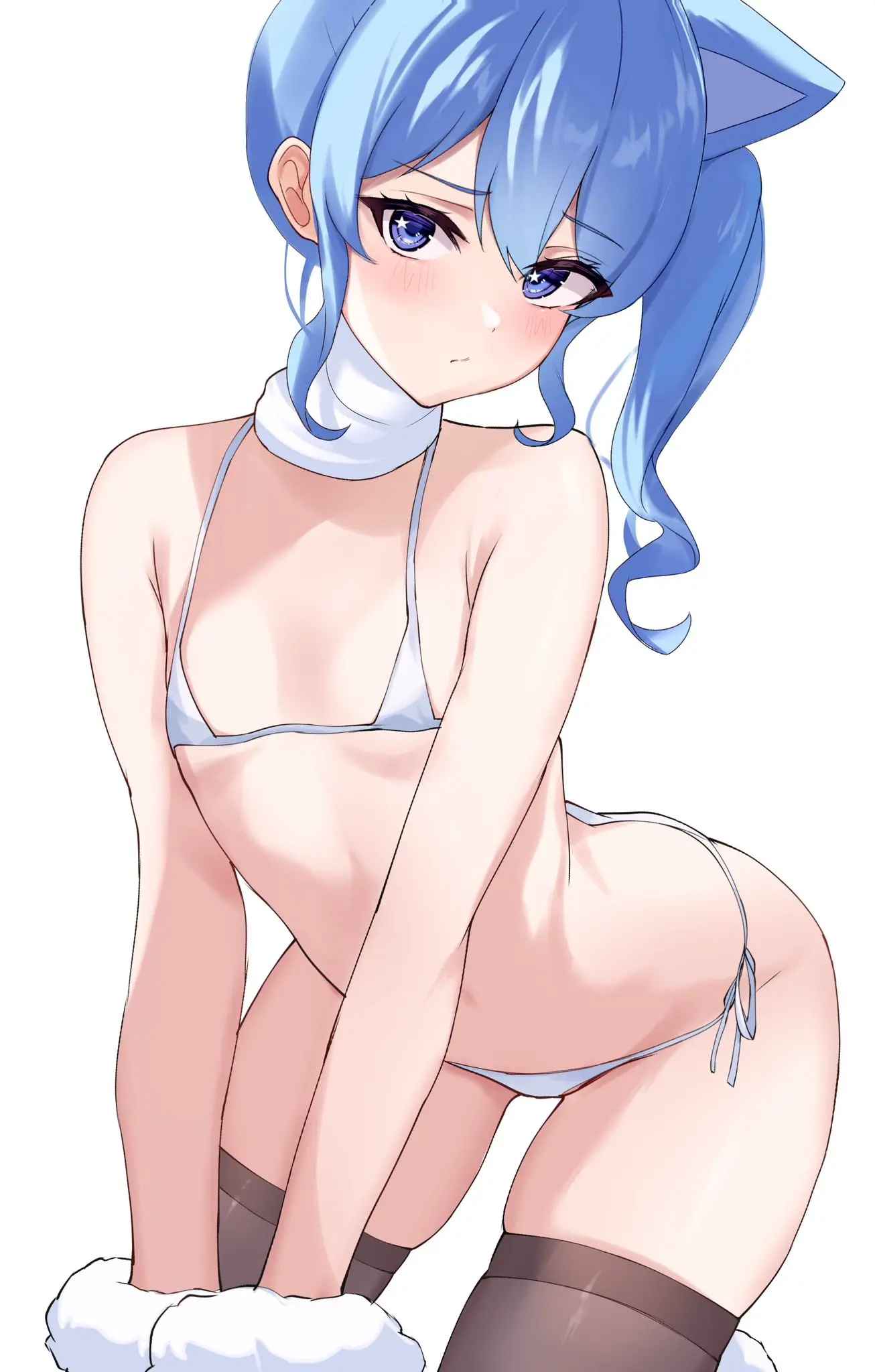 Image 1girls,blush,female,female_only,looking_at_viewer,thighhighs,female_focus,cat_ears,virtual_youtuber,embarrassed,petite,hololive,hololive_japan,micro_bikini,white_bikini,all_fours,flat_chest,flat_chested,hololive_gen_0,hoshimachi_suisei,mittens
