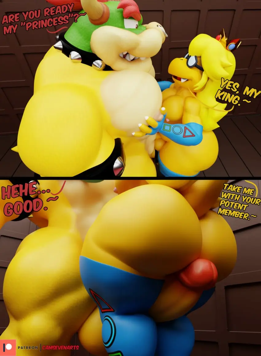 Image hi_res,male,penis,ass,big_butt,big_penis,duo,male/male,balls,size_difference,anthro,gay,mario_(series),nintendo,3d,comic,genitals,dialogue,scalie,bowser,koopa,princess_peach_(cosplay),super_mario_bros._(2023_film),camseven,kamek,princess_kamek