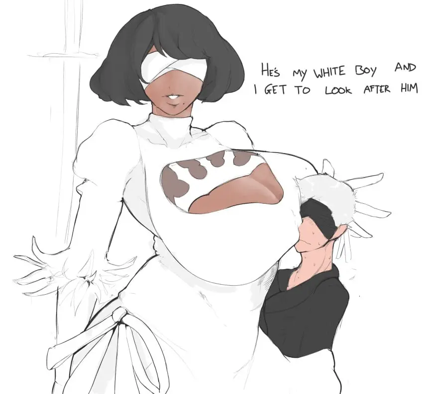 Image 1girls,breasts,female,white_background,white_hair,1boy,black_hair,male,cleavage,male/female,huge_breasts,light-skinned_male,cleavage_cutout,mature_female,dark-skinned_female,2022,dialogue,smaller_male,blindfold,older_female,younger_male,mini_giantess,black_blindfold,nier:_automata,boob_squish,yorha_9s,nier_(series),smoxul,yorha_2p,head_against_breast,face_against_breast,white_blindfold