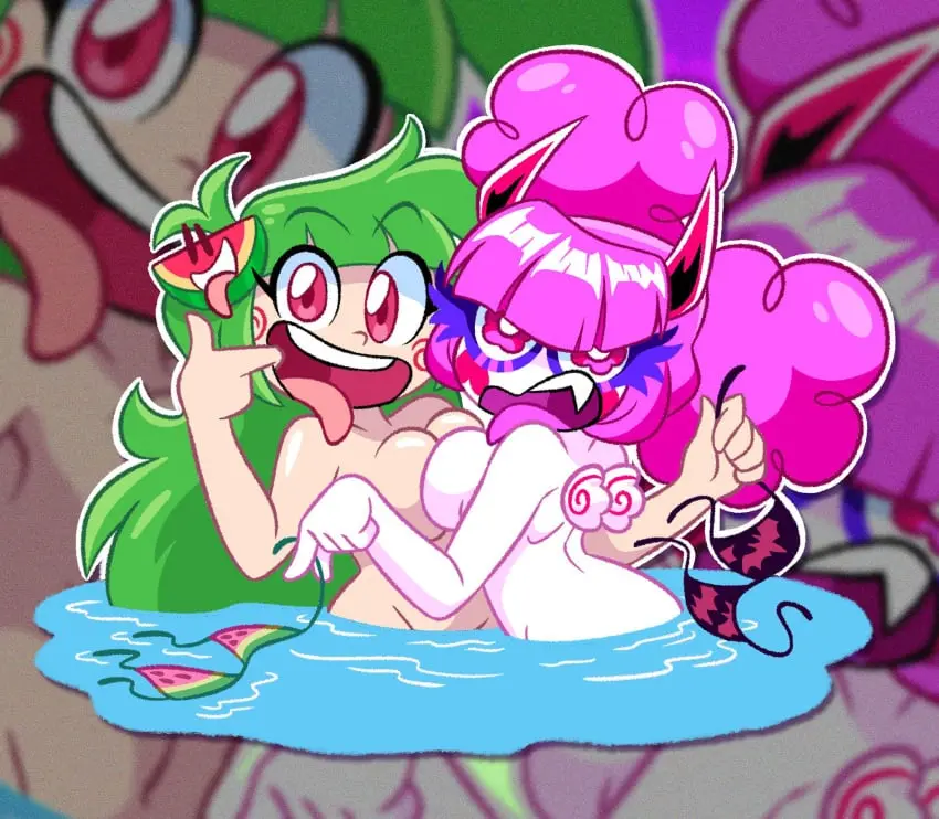 Image female,female_only,human,2girls,multiple_girls,nude,female_focus,virtual_youtuber,water,youtube,tagme,pale_skin,yuri,swimwear,lesbian,youtuber,youtuber_girl,casual,official_art,chocovania_(character),goopabloopa,unworn_bikini,vannamelon,vannamelon_(copyright)